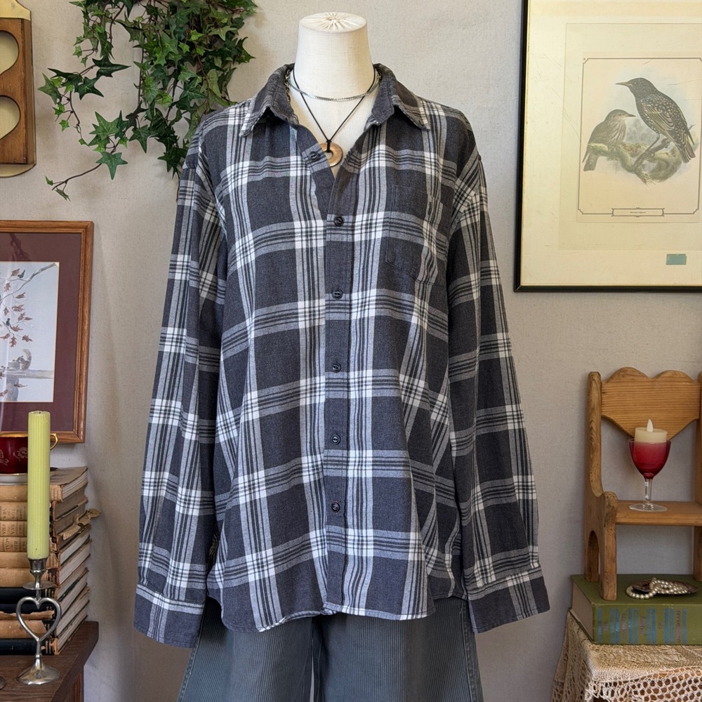 Grey Plaid Flannel Button Down Shirt Indie Skater Grunge Y2K XL Oversized